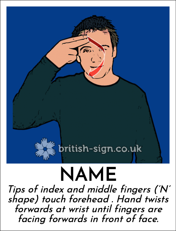Name: Tips of index and middle fingers (’N’ shape) touch forehead . Hand twists forwards at wrist until fingers are facing forwards in front of face.